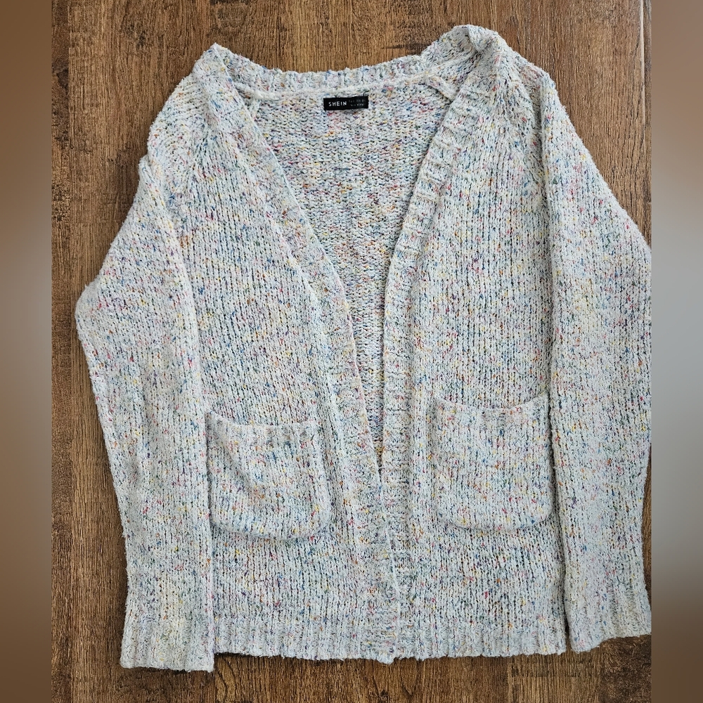 🖤3/$15 Cream Speckled Open Cardigan with Multicolor Flecks, Size Small - Picture 3 of 10